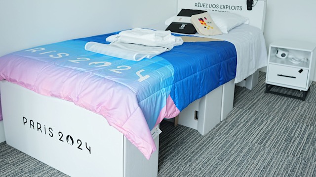 View of a bed in the German accommodation in the Olympic Village for athletes