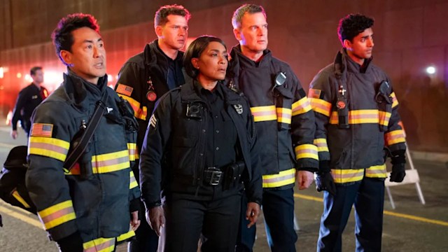 Kenneth Choi, Oliver Stark, Angela Bassett, Peter Krause and Anirudh Pisharody in still from 9-1-1