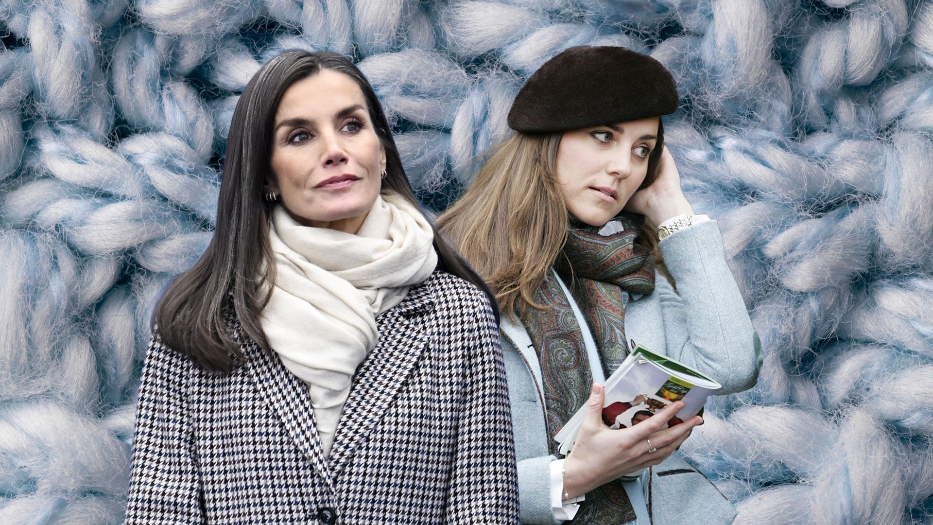 queen letizia and young kate middleton in scarves on wool backdrop