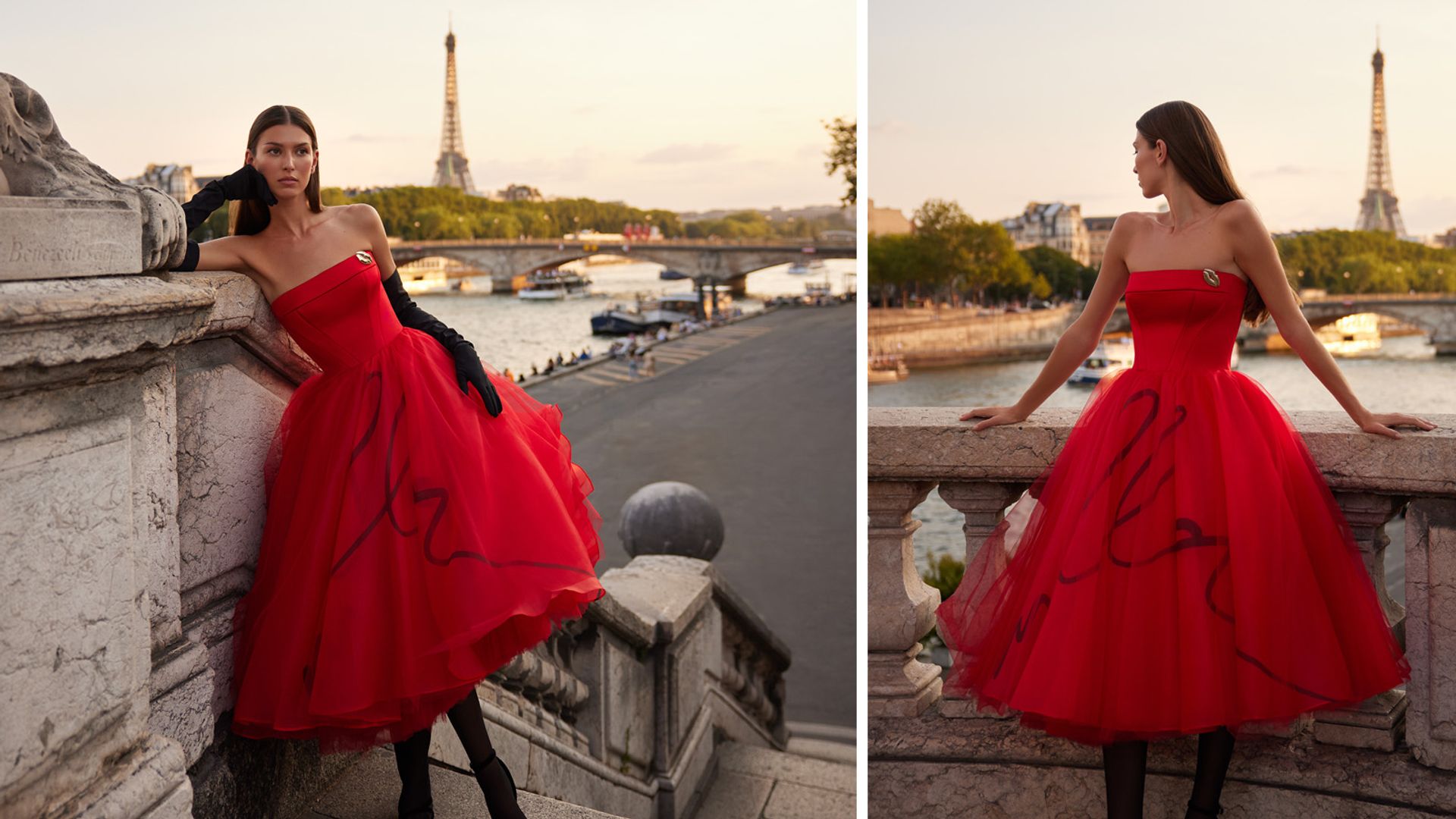 Model posing on Paris staircase wearing Milla red midi dress