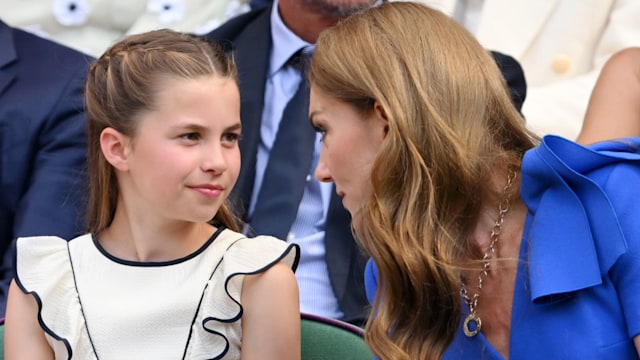 Princess Charlotte of Wales and Catherine, Princess of Wales attend day fourteen of the Wimbledon Tennis Championships at the All England Lawn Tennis and Croquet Club at All England Lawn Tennis and Croquet Club on July 13, 2025 in London, England. 