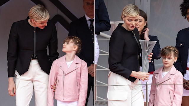 Princess Charlene wears a black jacket and her daughter, Princess Gabriella wears a pink jacket