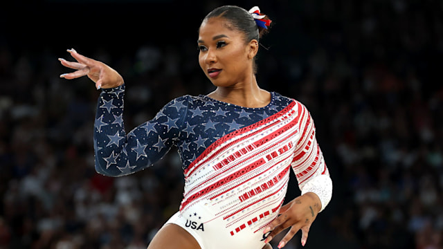 Jordan Chiles of Team United States competes in the floor exercise during the Artistic Gymnastics Women's Team Final on day four of the Olympic Games Paris 2024 at Bercy Arena