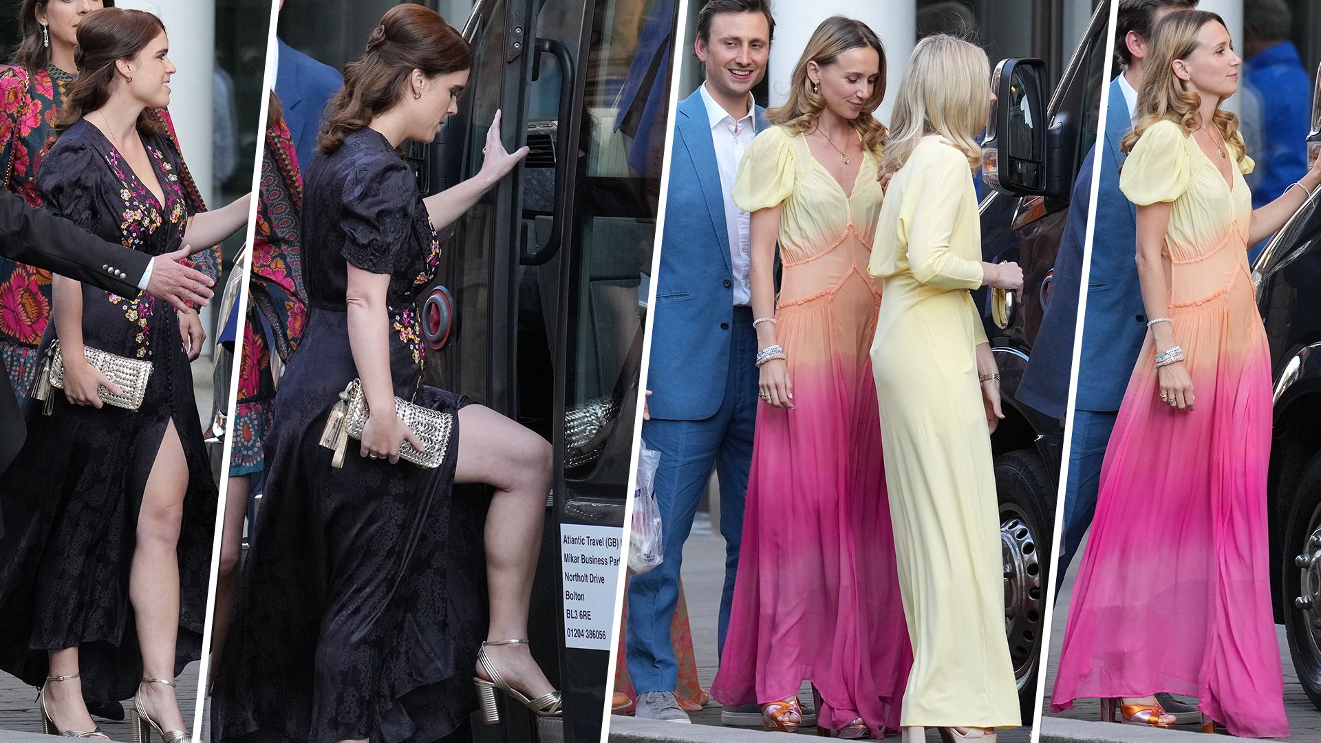 Split screen of eugenie and other wedding guests 