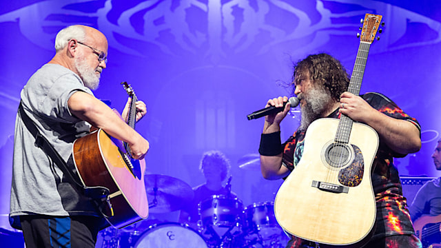 Kyle Gass (L) and Jack Black of Tenacious D perform at PNC Music Pavilion on September 06, 2023 