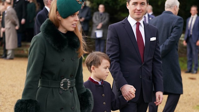 Princess Beatrice, Edoardo Mapelli Mozzi and his son Christopher Woolf attending the Christmas Day morning church service at St Mary Magdalene Church