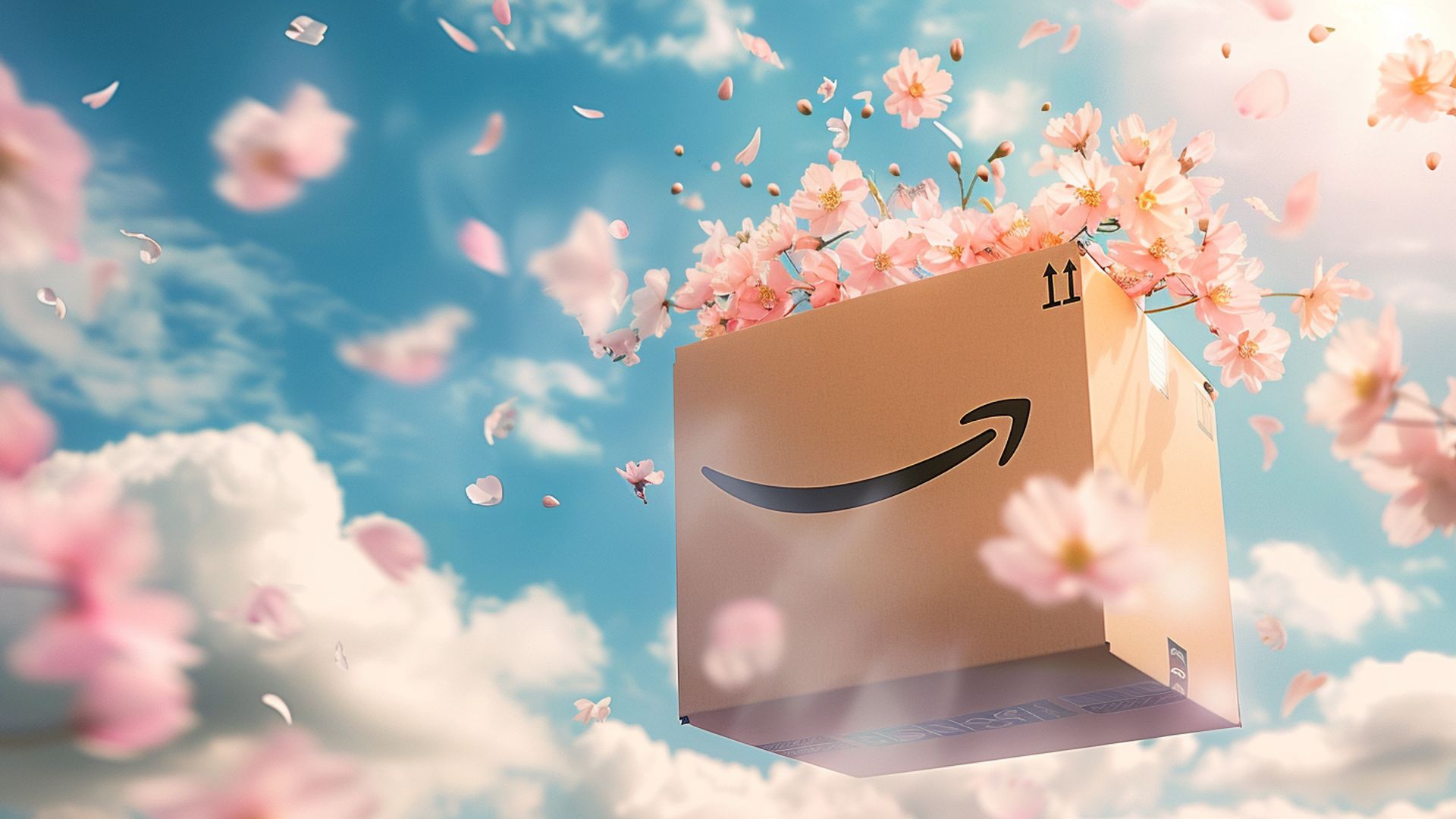 An Amazon box with the logo clearly visible, floating in the sky wit spring blooms spilling out of the box