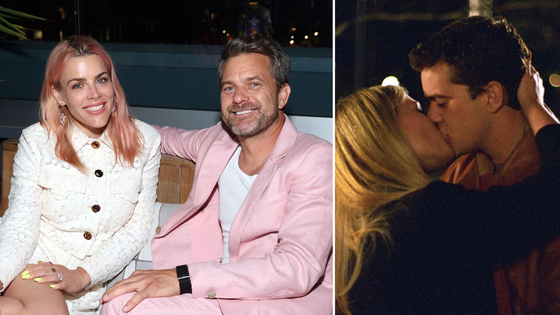 Comp image of Busy Phillips and Joshua Jackson at a party, next to a picture of them kissing in a scene from Dawson's Creek