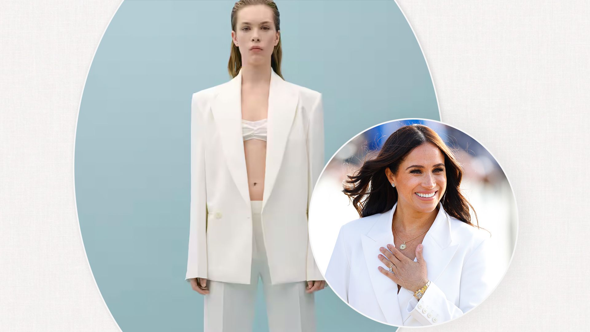 Victoria Beckham's white suit of dreams in her Mango collection is giving me major Meghan Markle vibes