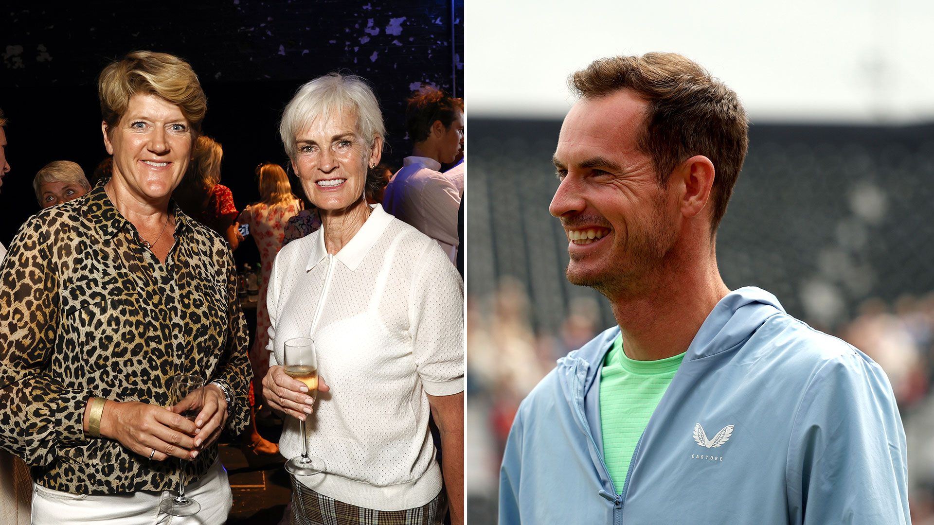 clare balding and judy murray beside photo of andy murray