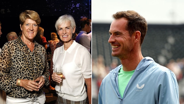 clare balding and judy murray beside photo of andy murray