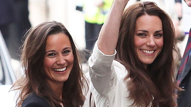 Catherine Middleton and sister Pippa Middleton smiling and waving