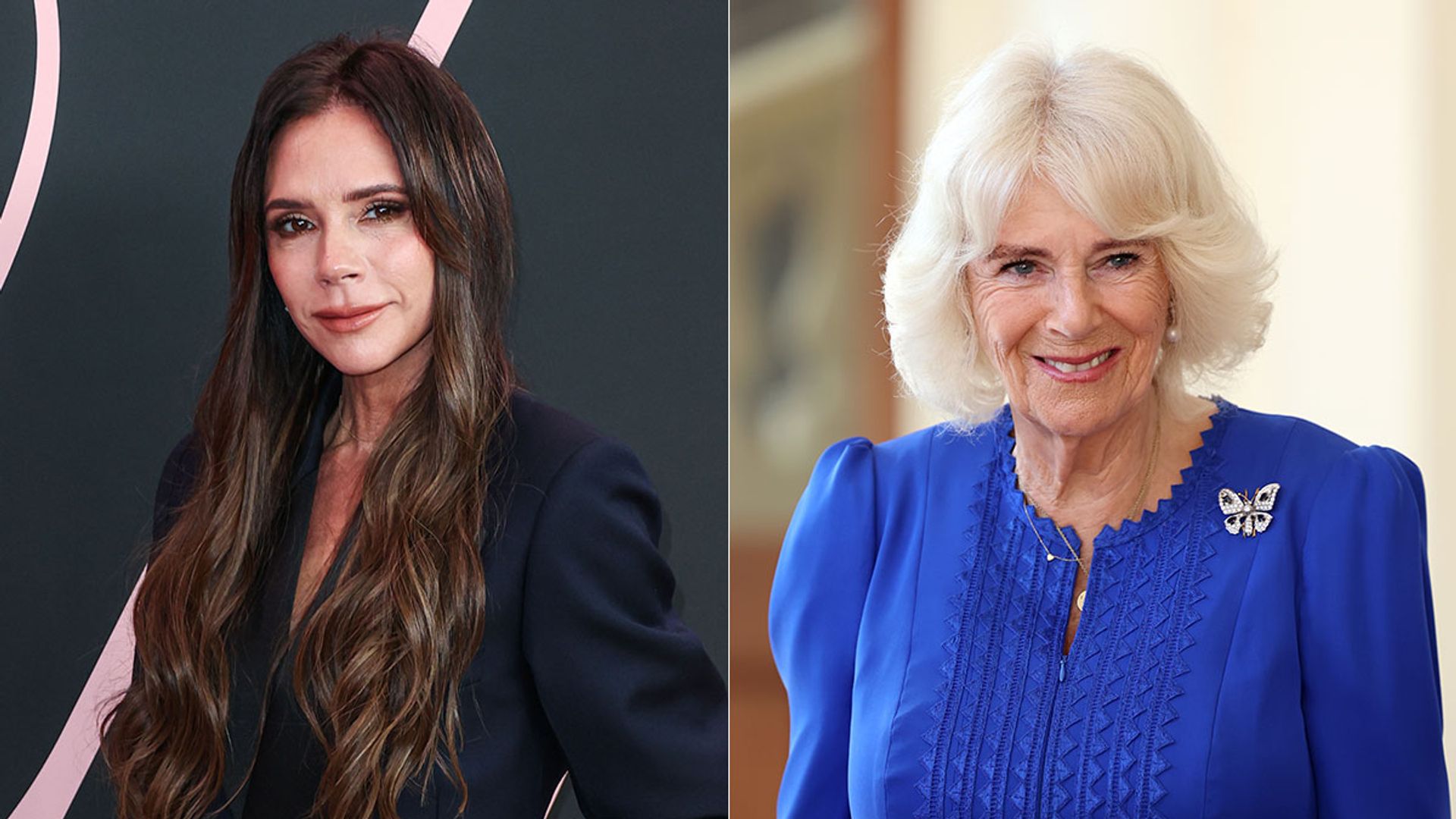 split image showing victoria beckham and queen camilla 