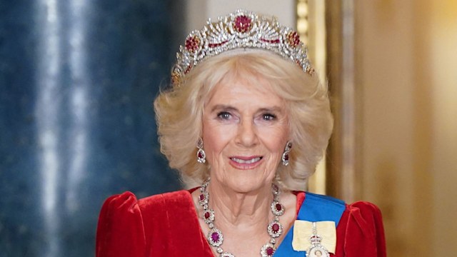 Queen Camilla in red velvet dress and ruby tiara