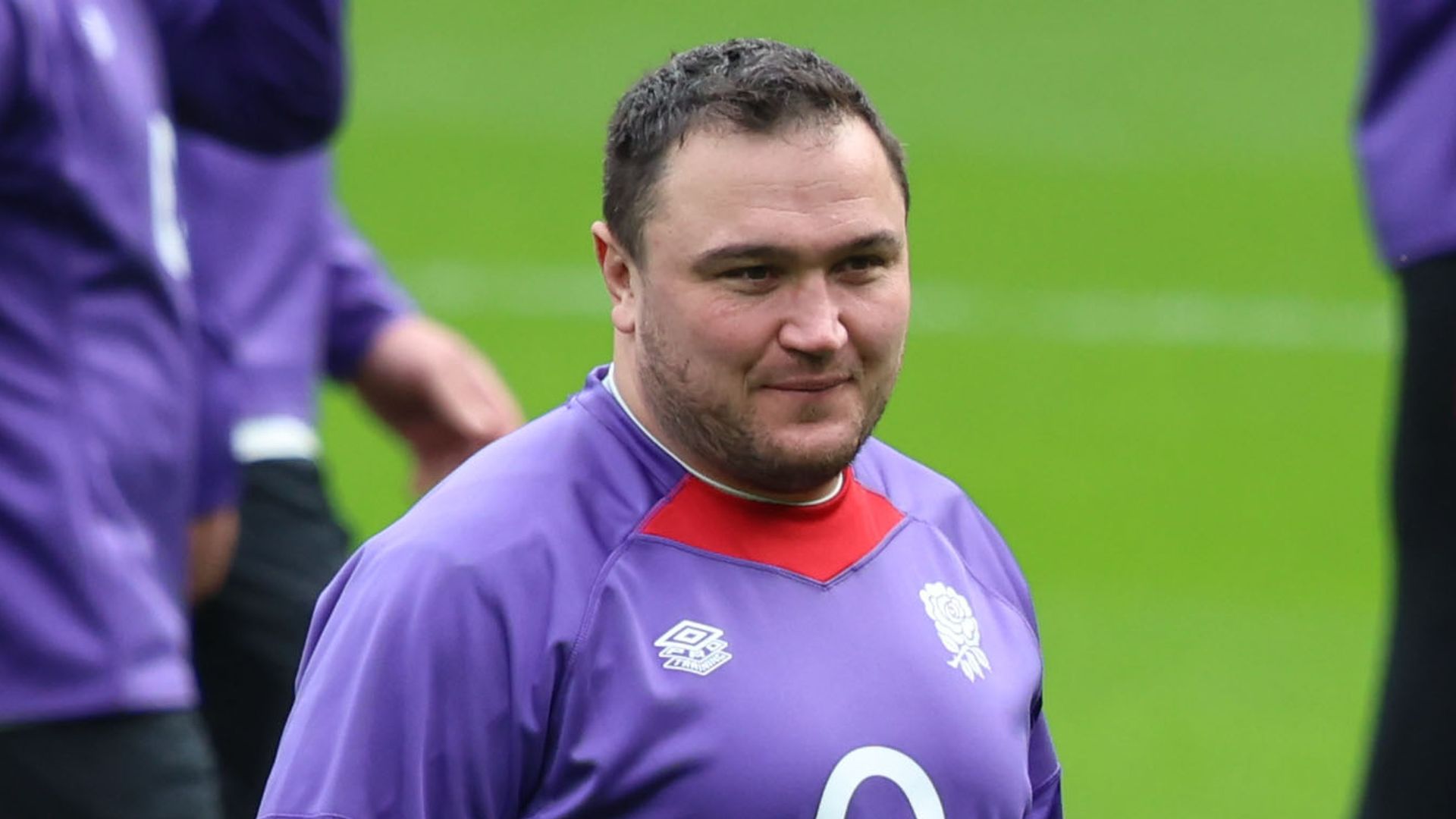 Jamie George in a purple training outfit