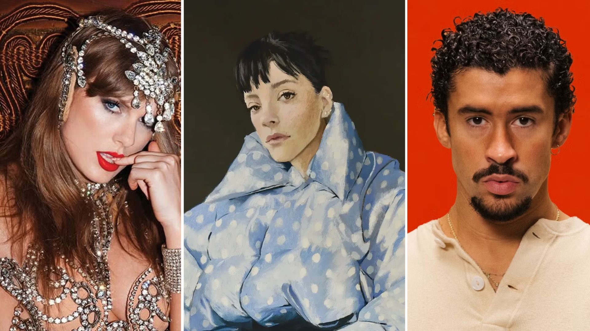 Composite image of Life of a Showgirl cover, West End Girl cover, and DeBÍ TiRAR MáS FOToS cover