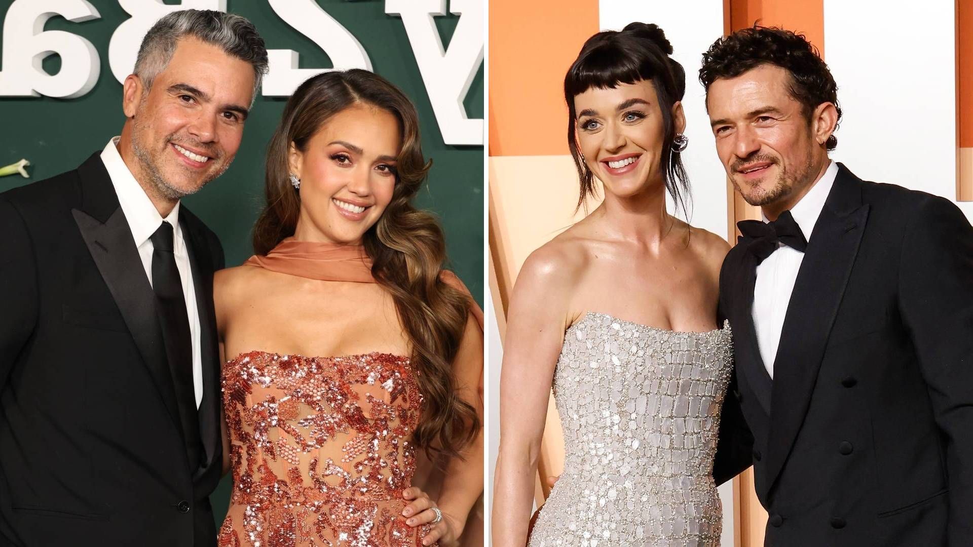 Split image of Jessica Alba with Cash Warren, and Katy Perry with Orlando Bloom
