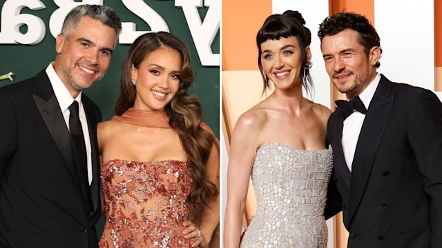 Split image of Jessica Alba with Cash Warren, and Katy Perry with Orlando Bloom
