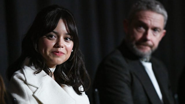 PALM SPRINGS, CALIFORNIA - JANUARY 11: (L-R) Jenna Ortega and Martin Freeman speak onstage during the screening of "Miller's Girl" at the Palm Springs International Film Festival on January 11, 2024 in Palm Springs, California. (Photo by Jon Kopaloff/Getty Images for Lionsgate)