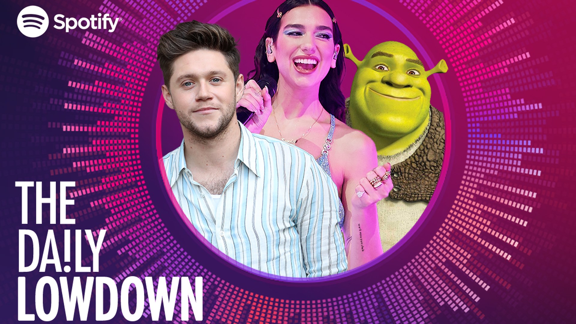Niall Horan, Dua Lipa and Shrek in Daily Lowdown logo