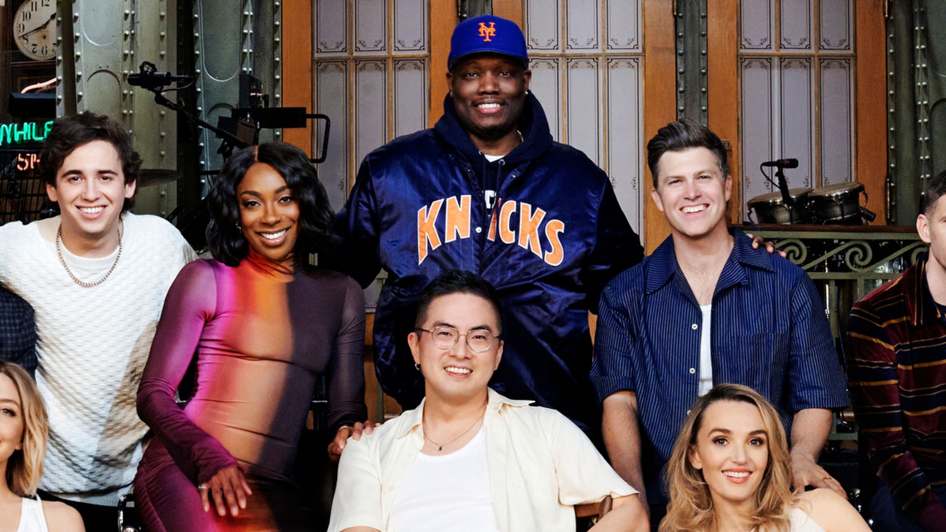 Andrew Dismukes, Punkie Johnson, James Austin Johnson, Marcello Hernandez, Ego Nwodim, Michael Che, Colin Jost, Mikey Day, Molly Kearney, Chloe Troast, Devon Walker; (bottom row l-r) Heidi Gardner, Bowen Yang, Chloe Fineman, Sarah Sherman, Michael Longfellow, Kenan Thompson