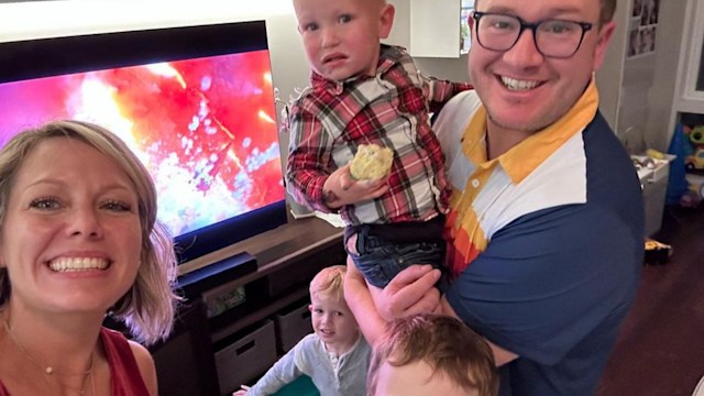 Photo shared by Dylan Dreyer on Instagram September 30, 2023 of her with her husband and their three sons Calvin, Oliver and Russell taking a selfie while celebrating Russell's second birthday.