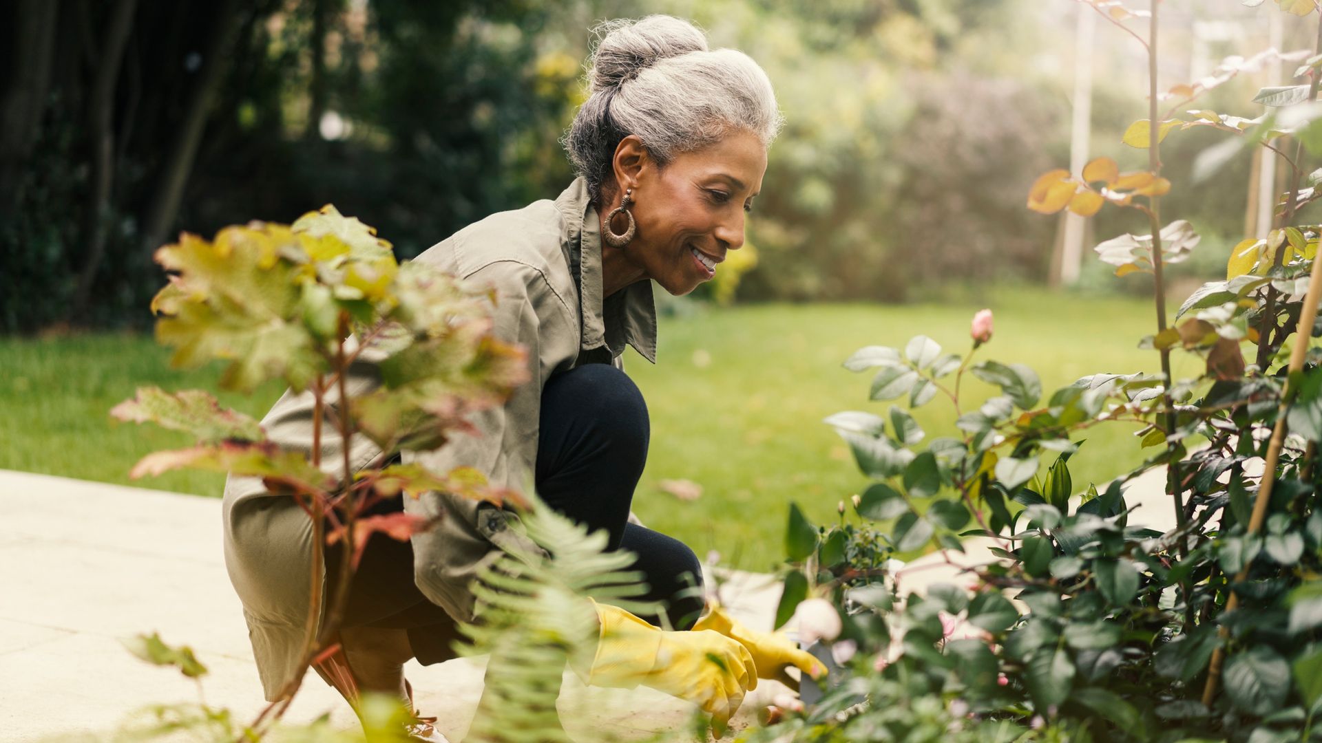 Side view of smiling senior woman crouching by plants. Happy retired female is gardening in back yard. She is wearing casuals.