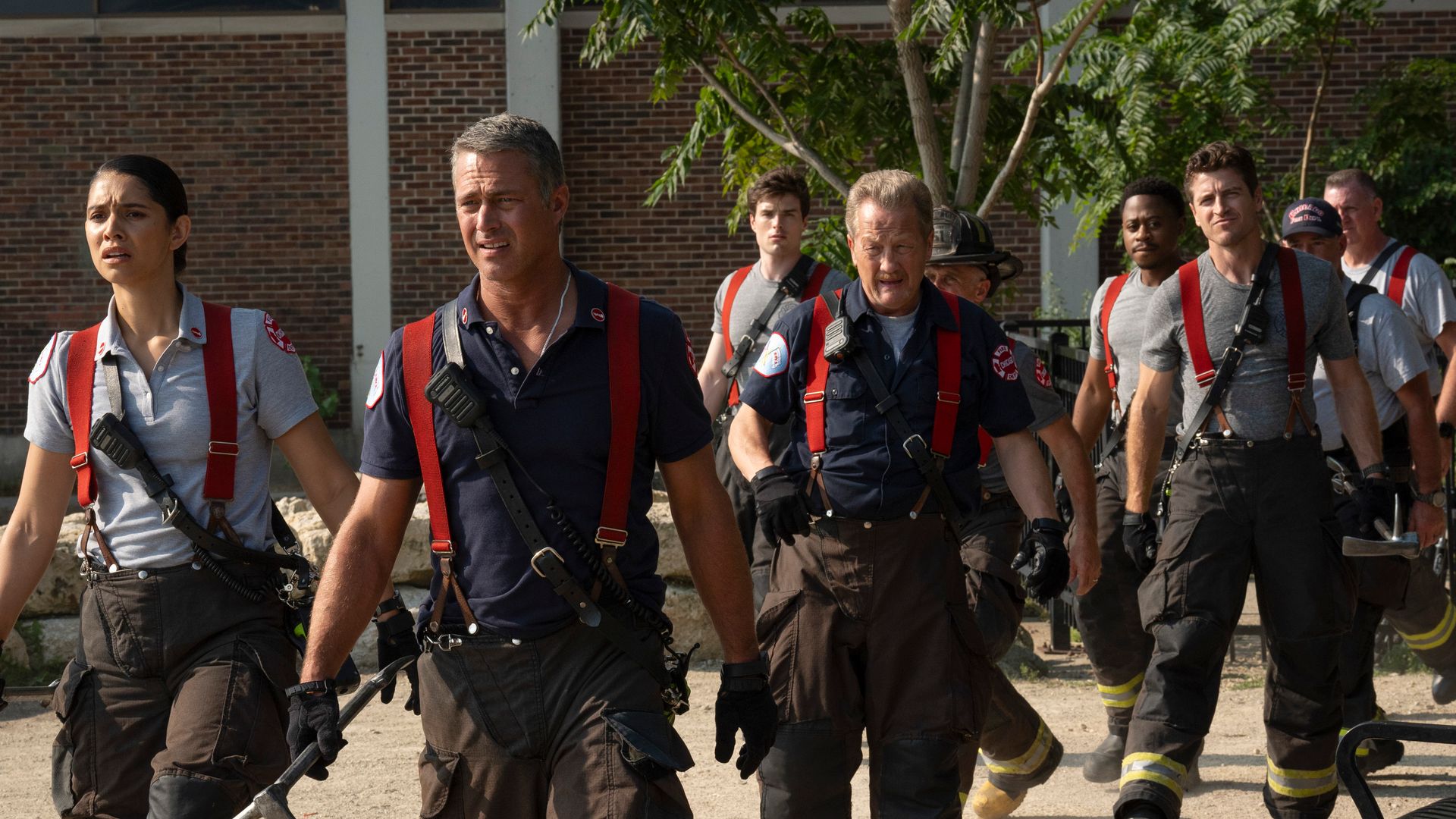 Miranda Rae Mayo as Stella Kidd, Taylor Kinney as Kelly Severide, Michael Bradway as Damon, Christian Stolte as Randy "Mouch" McHolland, Daniel Kyri as Darren Ritter, Jake Lockett as Sam Carver on Chicago Fire