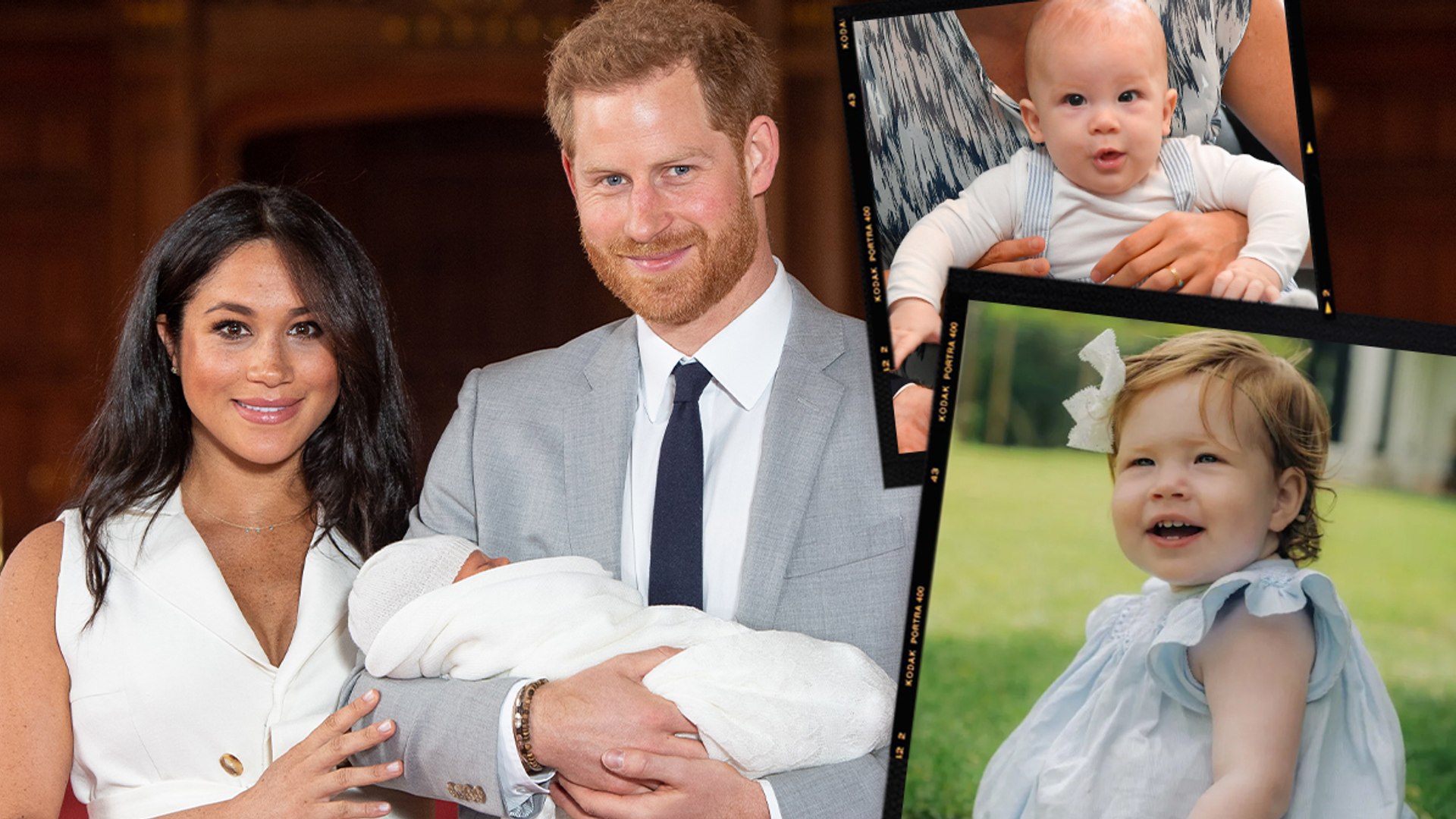 Prince Harry and Meghan Markle on the left holding Archie and theres two snapshot pictures of Archie and Lilibet on the right