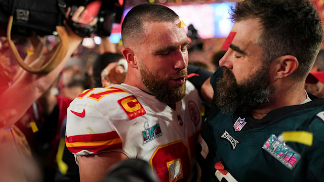 GLENDALE, AZ - FEBRUARY 12: Travis Kelce #87 of the Kansas City Chiefs speaks with Jason Kelce #62 of the Philadelphia Eagles after Super Bowl LVII at State Farm Stadium on February 12, 2023 in Glendale, Arizona. The Chiefs defeated the Eagles 38-35. (Photo by Cooper Neill/Getty Images)