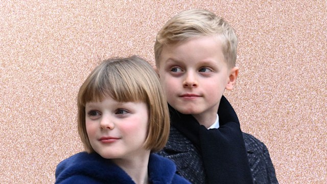 photo of twin siblings on peach glitter background