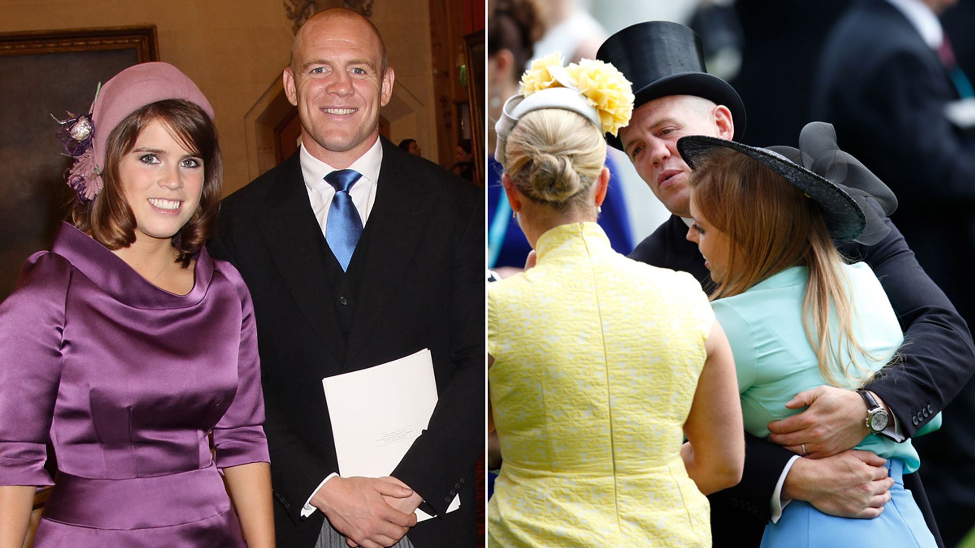 A split image of Mike Tindall standing with Princess Eugenie and  Mike Tindall hugging Princess Eugenie 