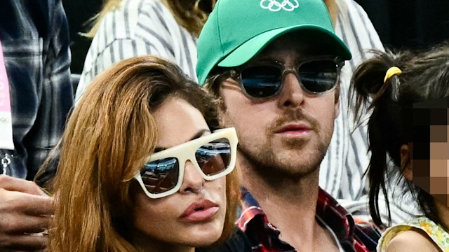 Eva Mendes and Ryan Gosling attend the artistic gymnastics women's uneven bars final during the Paris 2024 Olympic Games at the Bercy Arena in Paris, on August 4, 2024