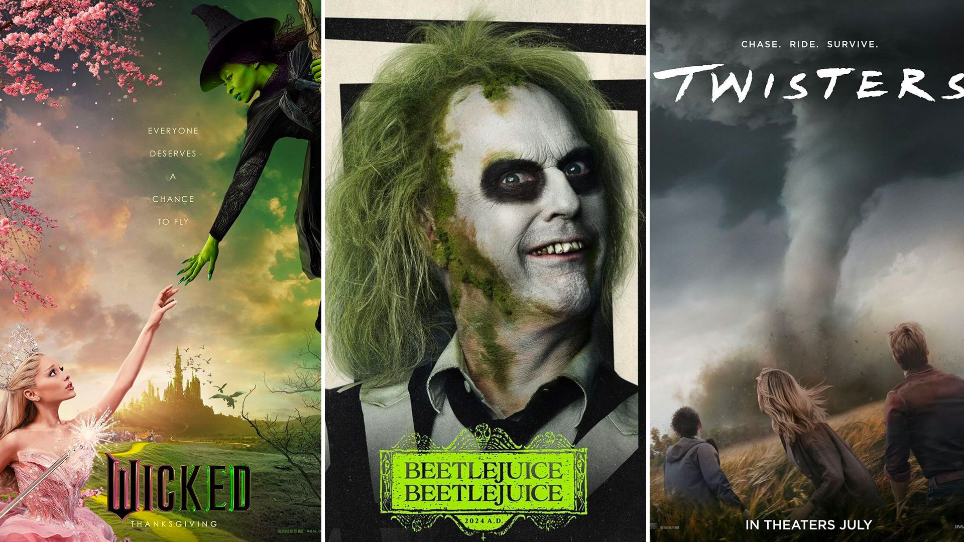 Movie posters for Wicked, Beetlejuice Beetlejuice and Twisters