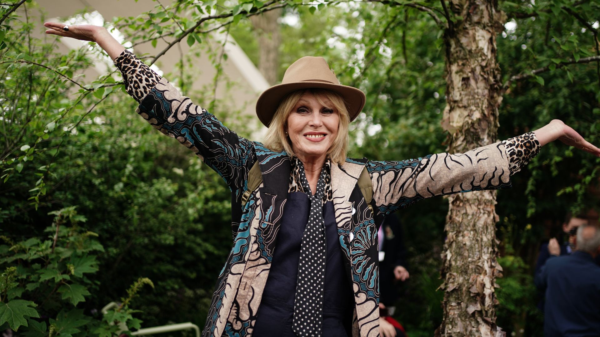 Joanna Lumley posing with palm trees 