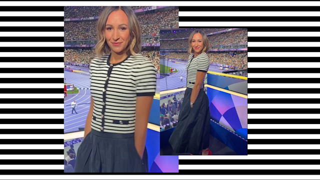 Jessica Ennis Hill wearing a striped cardigan and a full black skirt