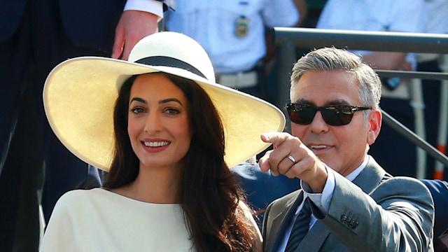 George Clooney and Amal Alamuddin sighting during their civil wedding at Canal Grande on September 29, 2014 in Venice, Italy.