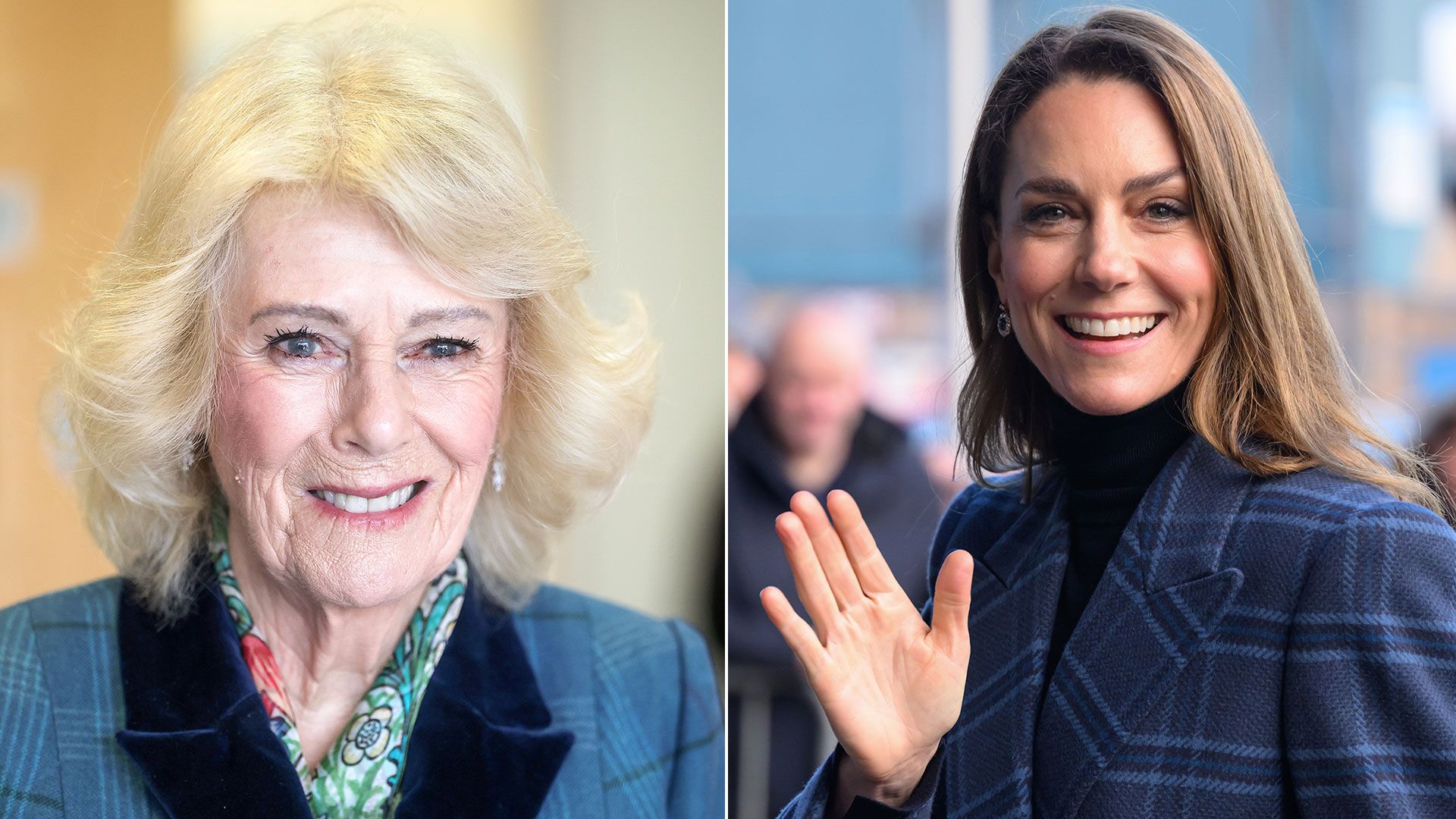 Queen Camilla smiling in blue tartan coat beside Kate waving in blue tartan coat