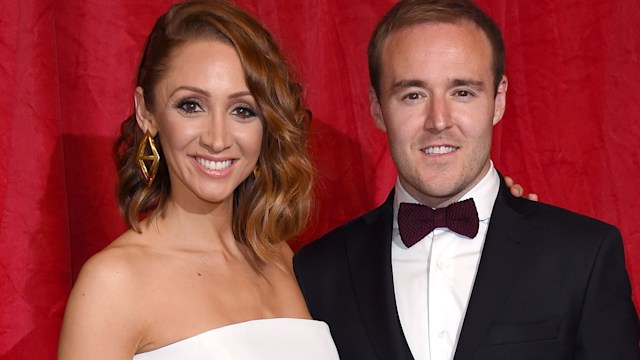 Lucy-Jo Hudson in a strapless white dress and Alan Halsall in a black suit and bow tie