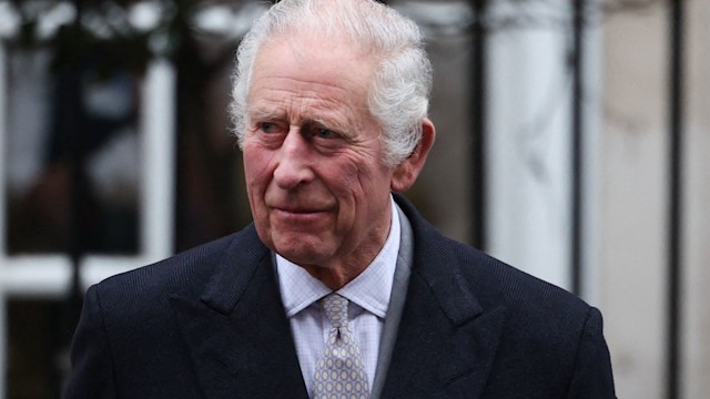 King Charles next to a car with windows in the background
