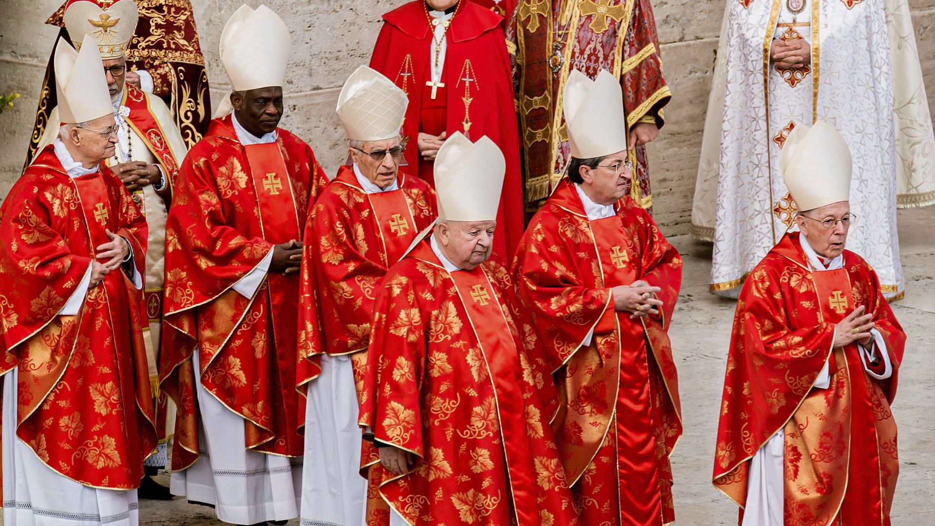 Cardinals of different origins are seen arriving in the square during the funeral ceremony of Pope Benedict XVI. Pope Francis held a funeral ceremony for his predecessor, Pope Benedict XVI (Joseph Ratzinger), who resigned in 2013, acquiring the title of Emeritus. Thousand of people, as well as Italian and German institutional representatives, gathered in the square to pay homage to Benedict XVI. (Photo by Valeria Ferraro/SOPA Images/LightRocket via Getty Images)