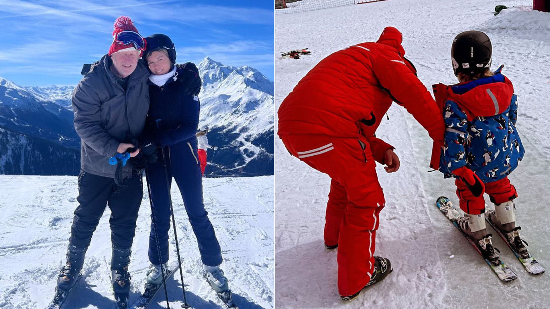 A split image of Carrie and Boris Johnson and their son Wilfred skiing 
