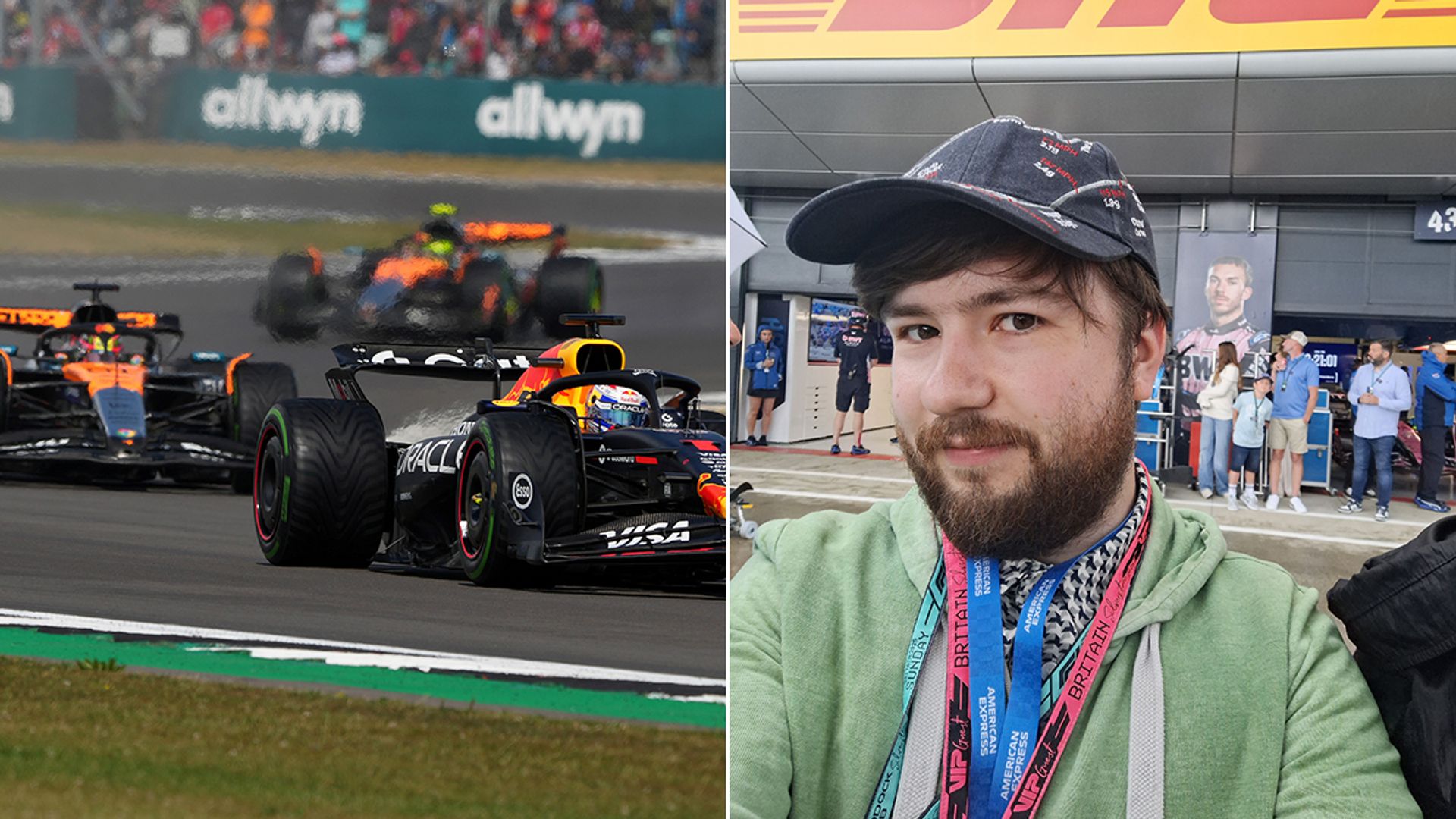 Split image of an F1 race and a journalist at Silverstone