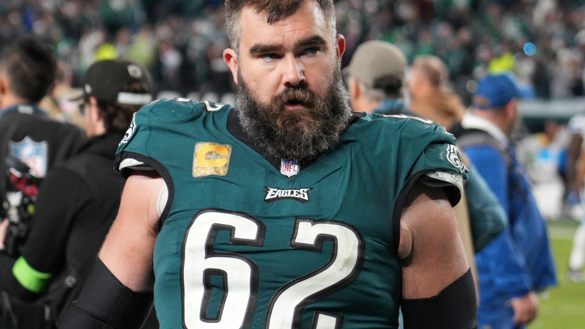 Philadelphia Eagles center Jason Kelce (62) looks on during the game between the Dallas Cowboys and the Philadelphia Eagles on November 5, 2023 at Lincoln Financial Field. (Photo by Andy Lewis/Icon Sportswire via Getty Images)