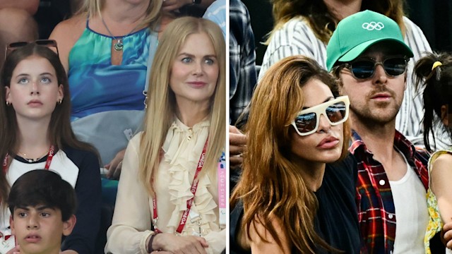 Split image of Nicole Kidman with her daughter Faith, and Eva Mendes with Ryan Gosling, attending the 2024 Olympics in Paris