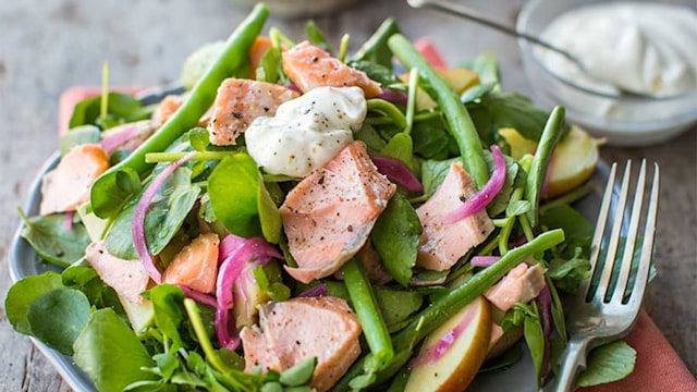 Hot smoked salmon and watercress salad with apples, green beans and creme fraiche