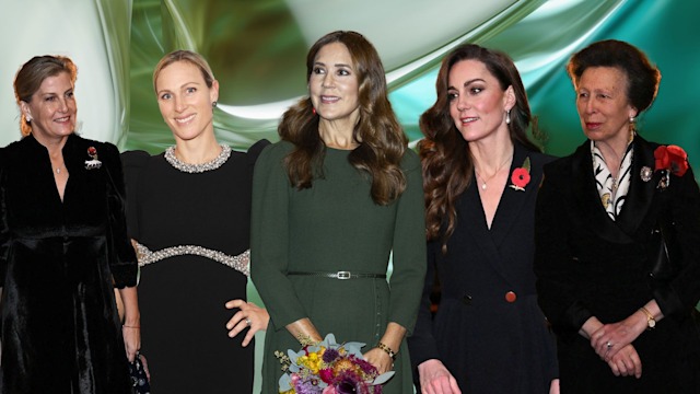 Duchess Sophie, Princess Kate, Zara Tindall, queen mary, princess anne with green backdrop