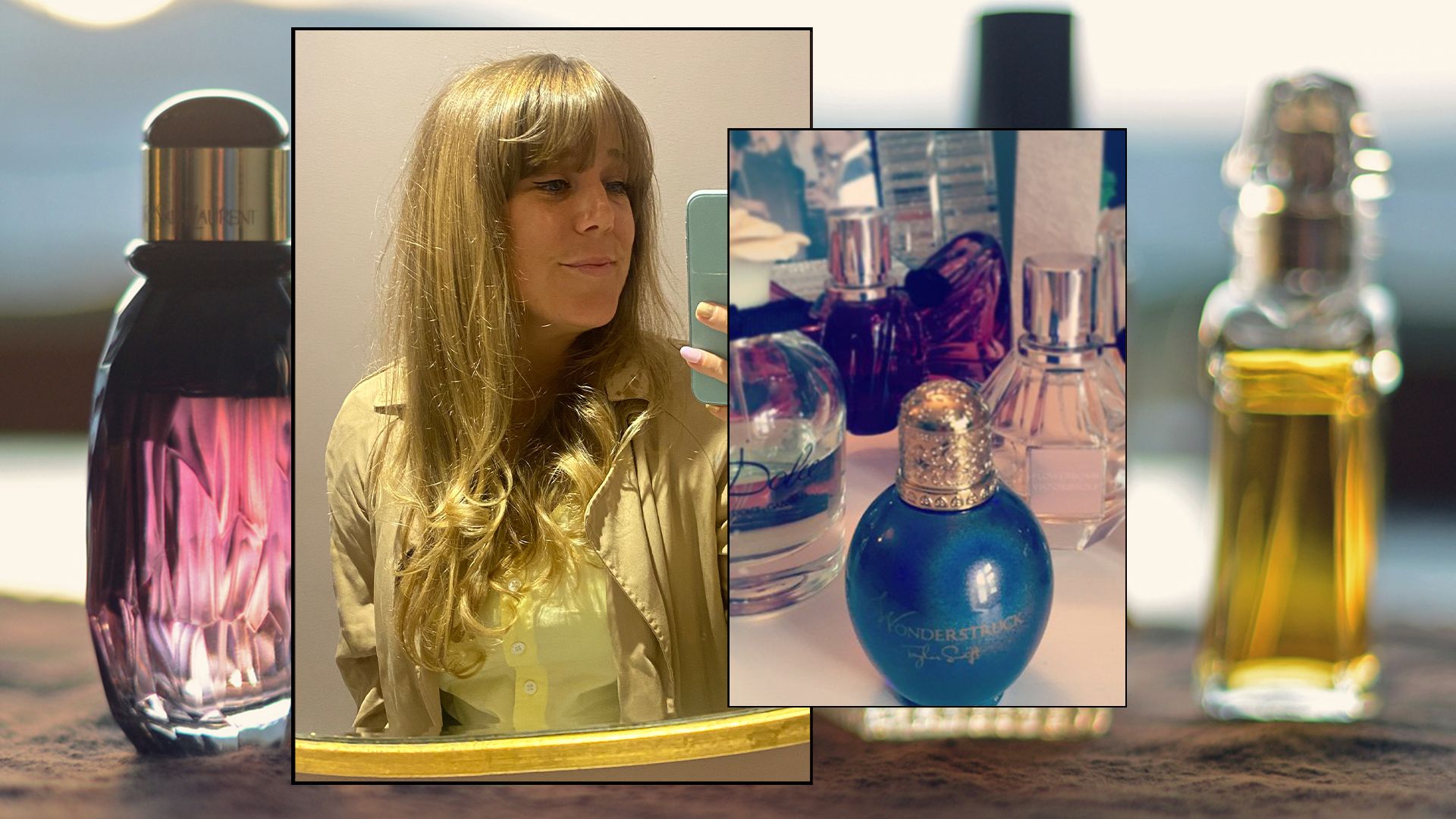 collage of mel and perfumes