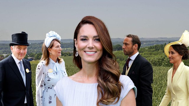 Princess Kate on countryside backdrop with carole, michael, james, pippa middleton