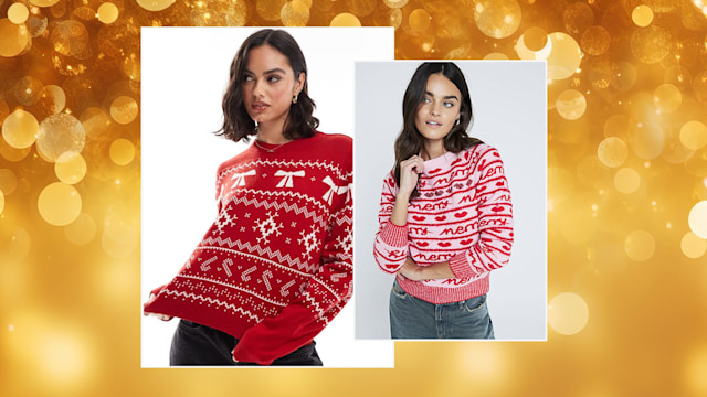 split image womens christmas jumper gold background